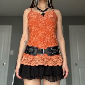 Y2K Studio Y Rustic Orange Floral Lace Trim Long Length Cami Tank